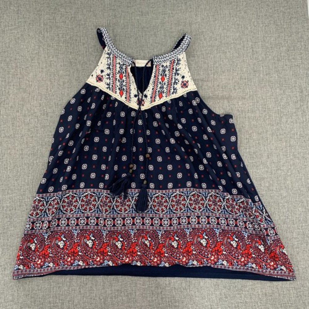 Altar'd State Boho Blouse Asymmetrical Sleeveless Top Paisley Print Tassel Front